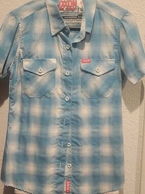 DIXXON Womans Light Blue and White Plaid Short-Sleeve Button-Up Shirt Size SMALL